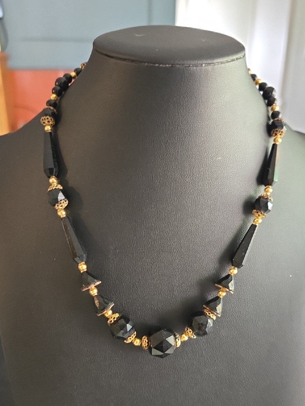 Black Beaded Necklace with Gold Accents - Women Jewelry